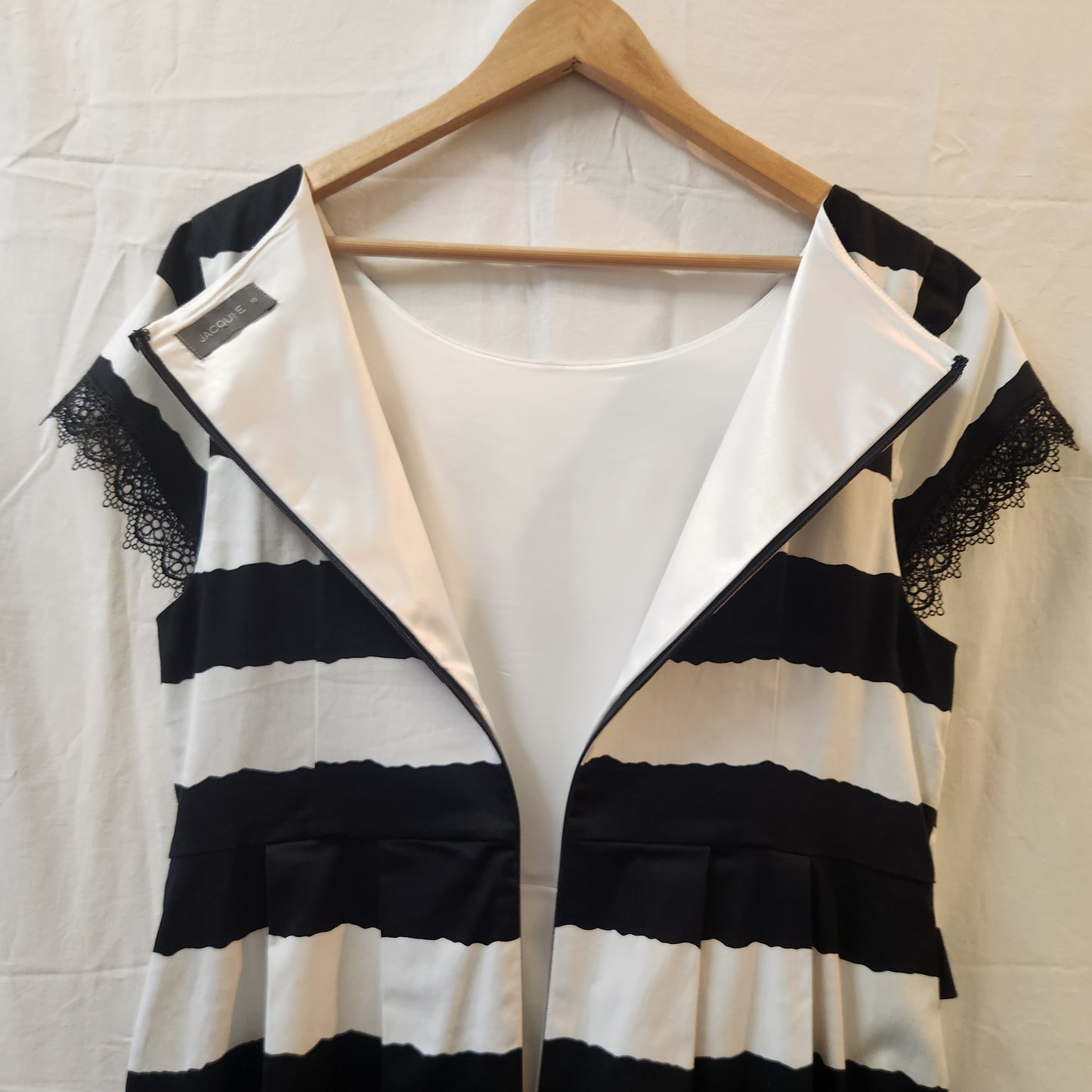 Jacqui E Black & White Striped Fit & Flare Dress | Lace Trim | Size 16