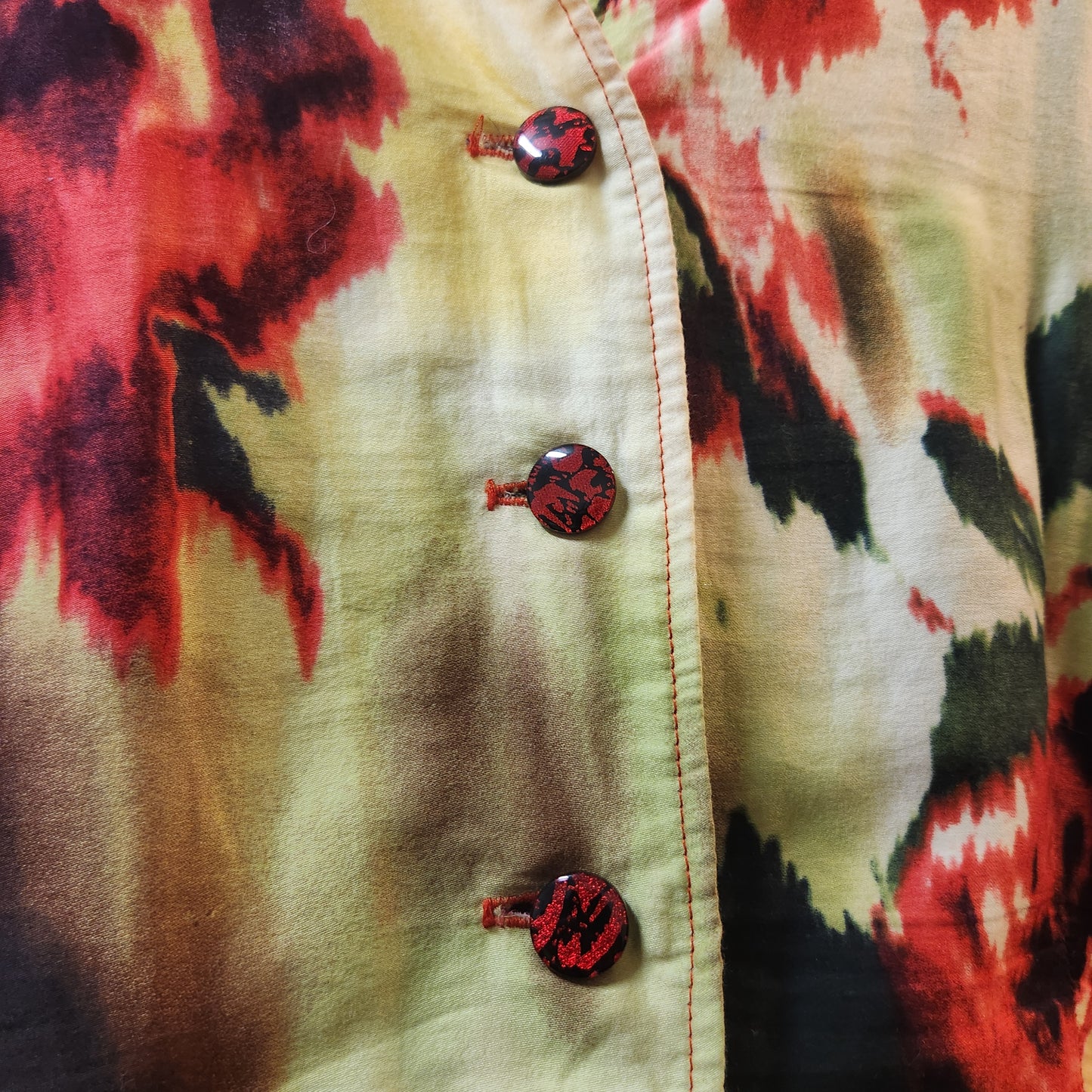 Women's Watercolour Floral Midi Dress Red Green Yellow Button Front Size L