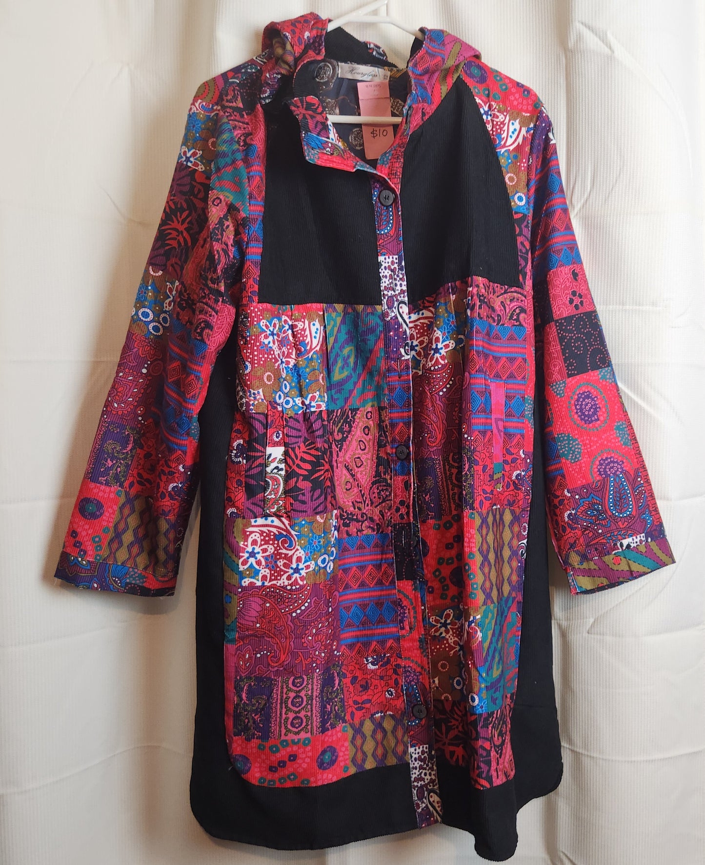 Hourglass Patchwork Corduroy Hooded Jacket | Size 12 | Button Front Coat