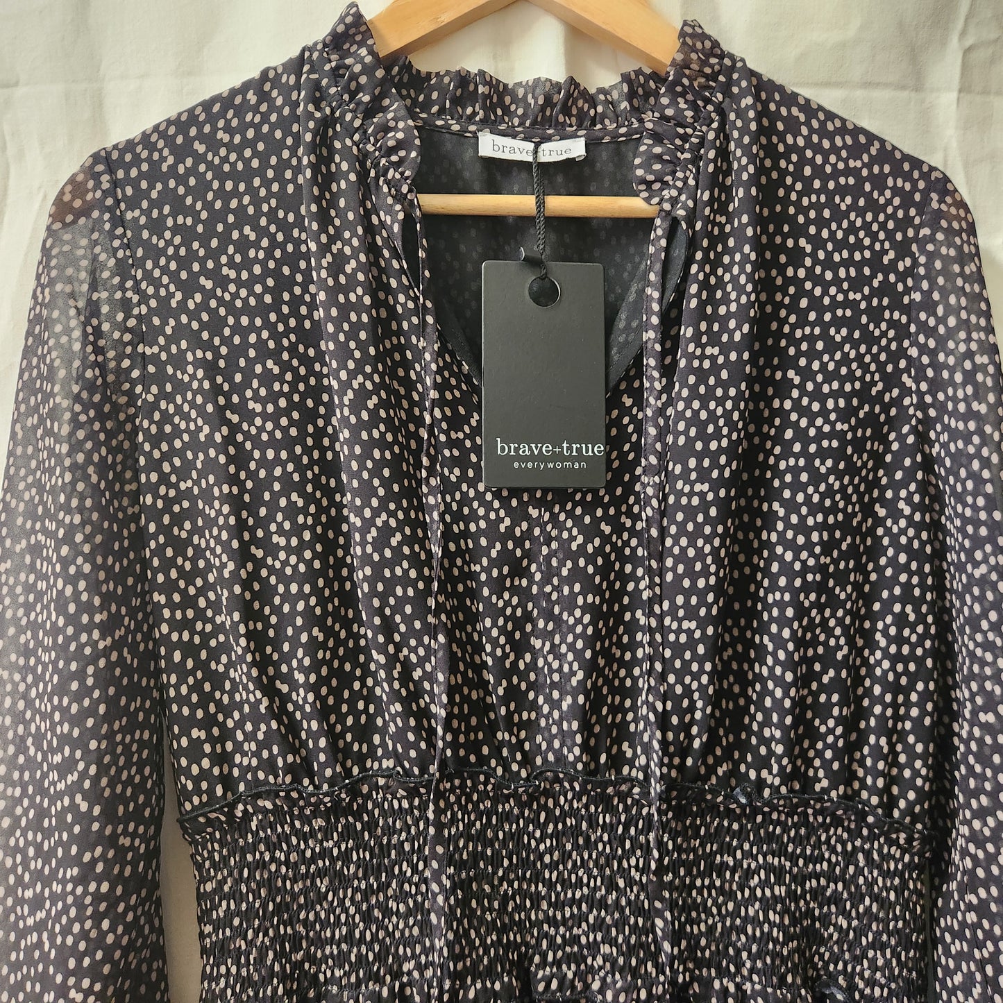 Brave + True Freya Dress BNWT Black Taupe Spot Shirred Waist Long Sleeve Size M