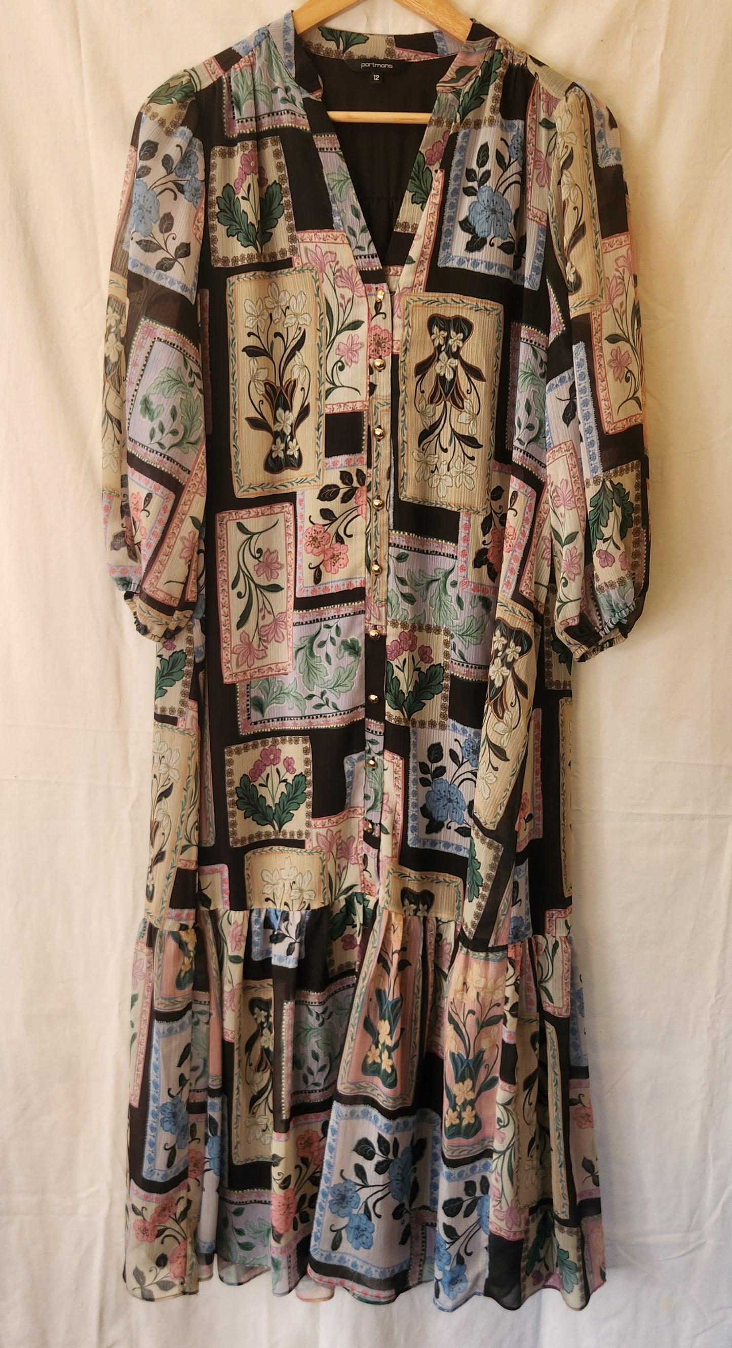 Portmans Floral Patchwork Midi Dress – Size 12 | Sheer Sleeves | Lined