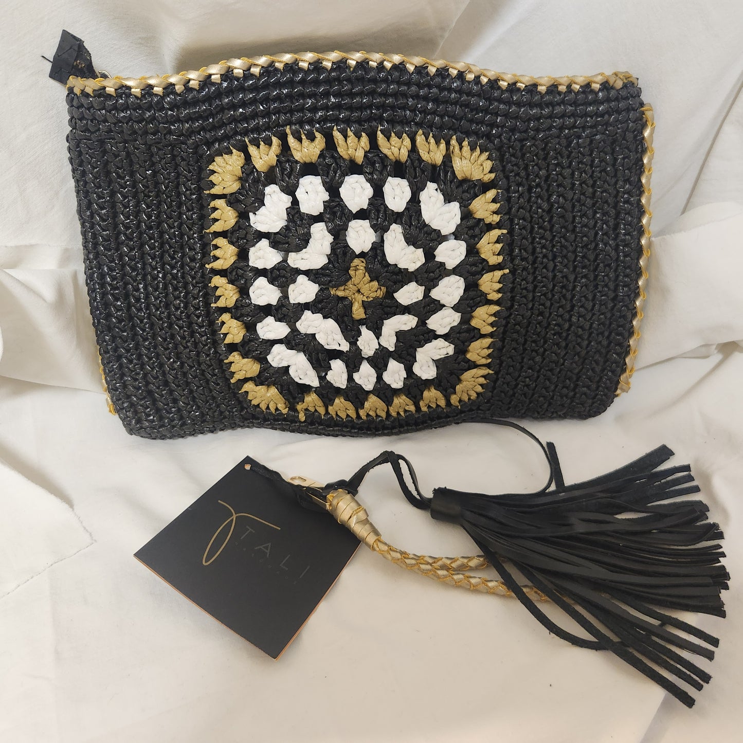 TALI Handmade Woven Clutch | Black, White & Gold Artisan Zip Pouch with Leather Tassel