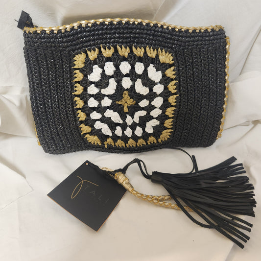 TALI Handmade Woven Clutch | Black, White & Gold Artisan Zip Pouch with Leather Tassel