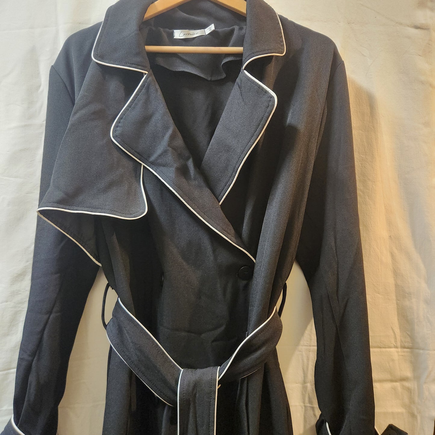 Lorraine Black Longline Trench Coat Size 16 | White Contrast Trim | Belted Lightweight Jacket