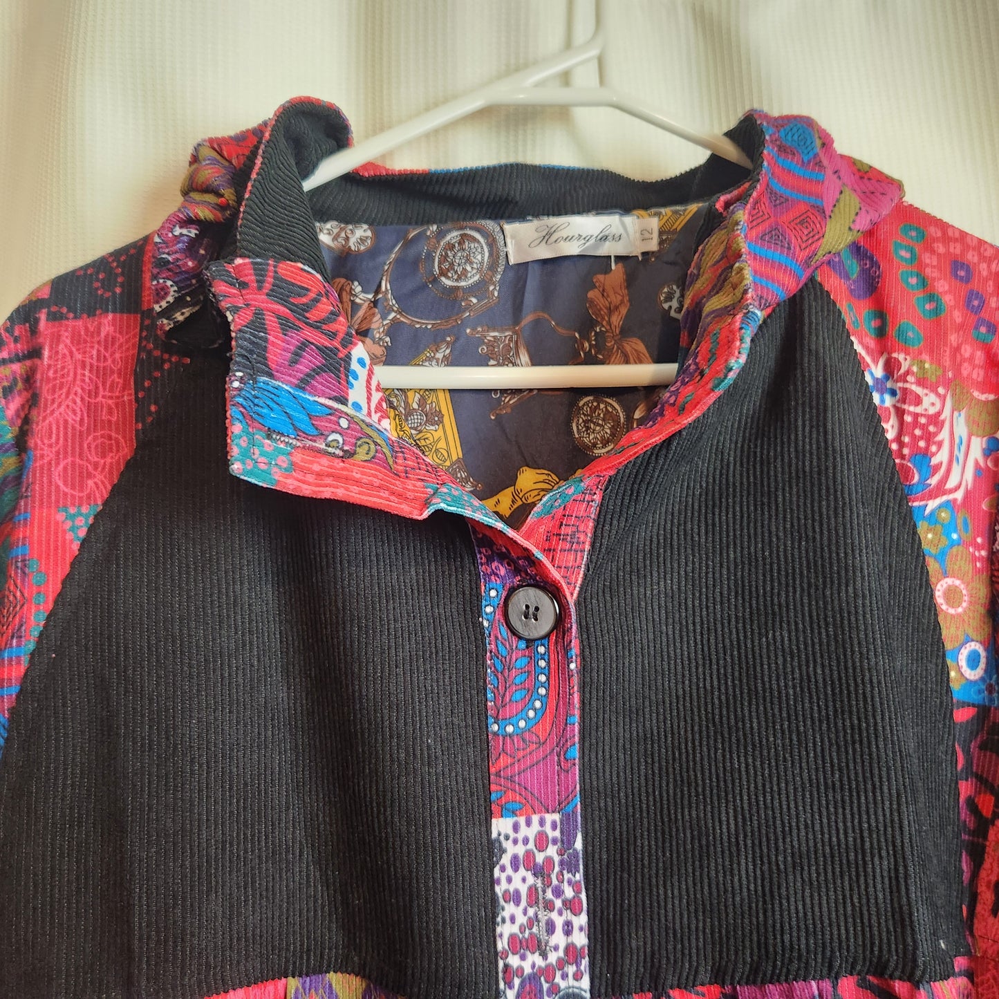 Hourglass Patchwork Corduroy Hooded Jacket | Size 12 | Button Front Coat