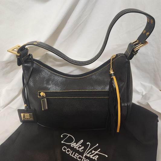 Pelle Bora Black Pebbled Leather Shoulder Bag | Gold Hardware | Dust Bag Included
