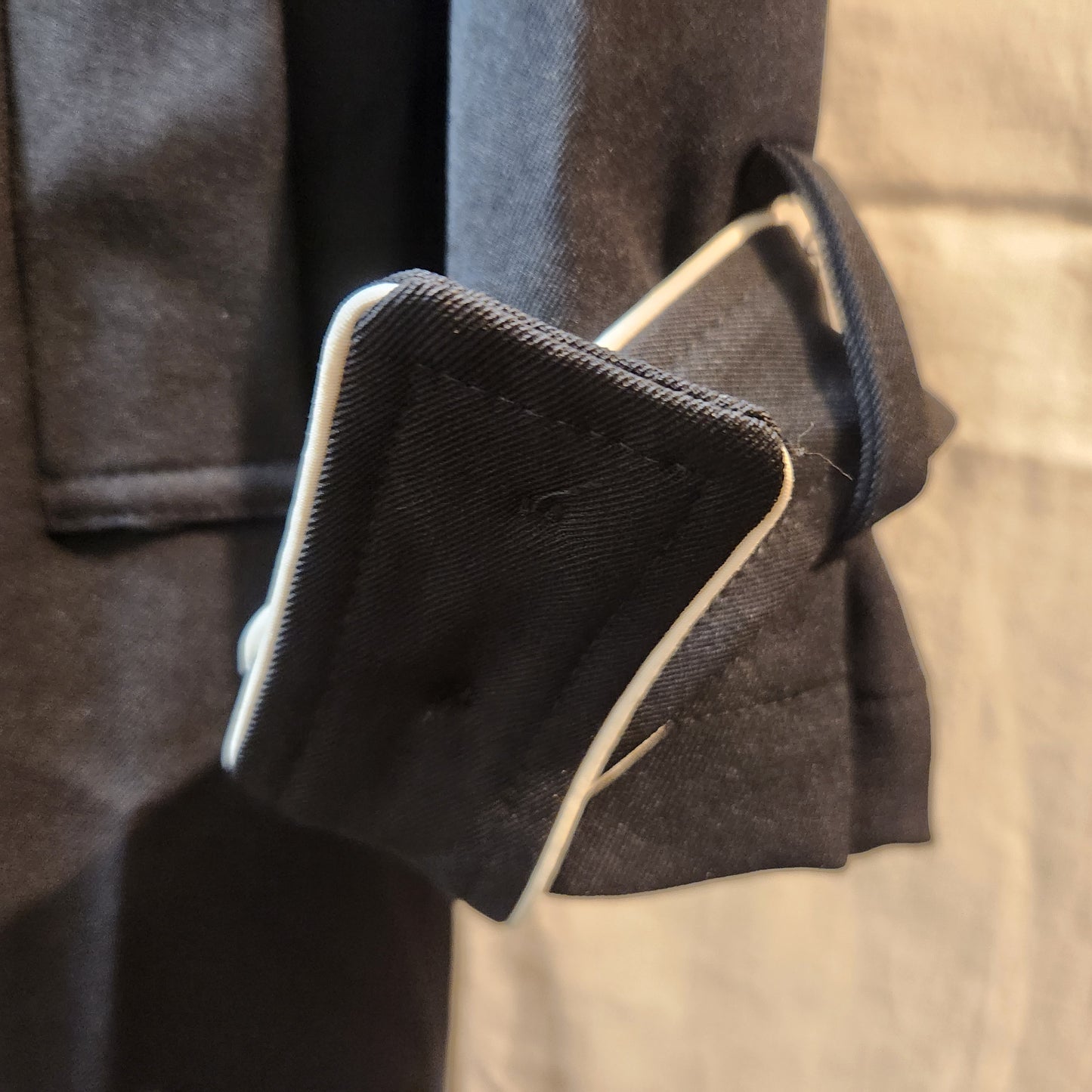 Lorraine Black Longline Trench Coat Size 16 | White Contrast Trim | Belted Lightweight Jacket