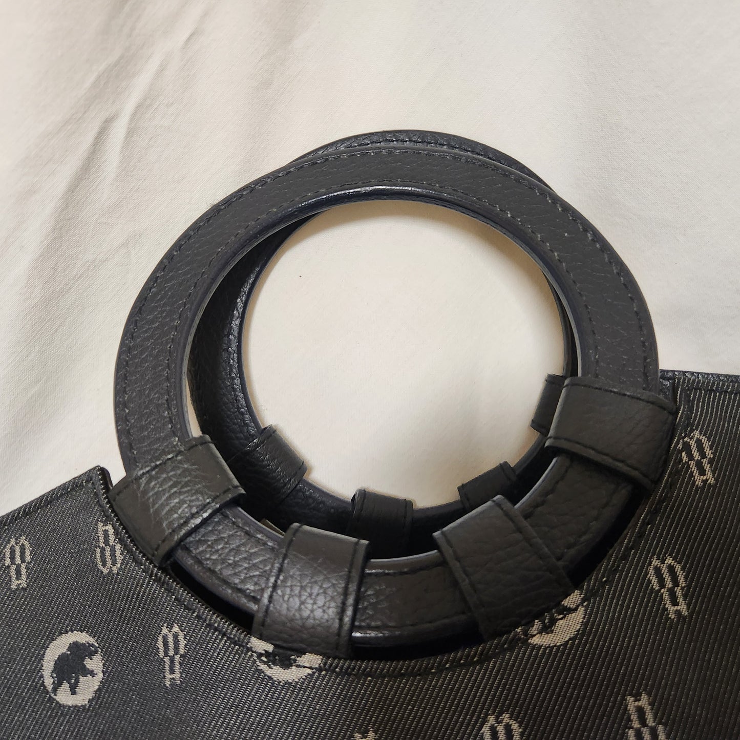 Hunting World New York Grey Jacquard Tote Bag Leather Round Handle Designer Handbag