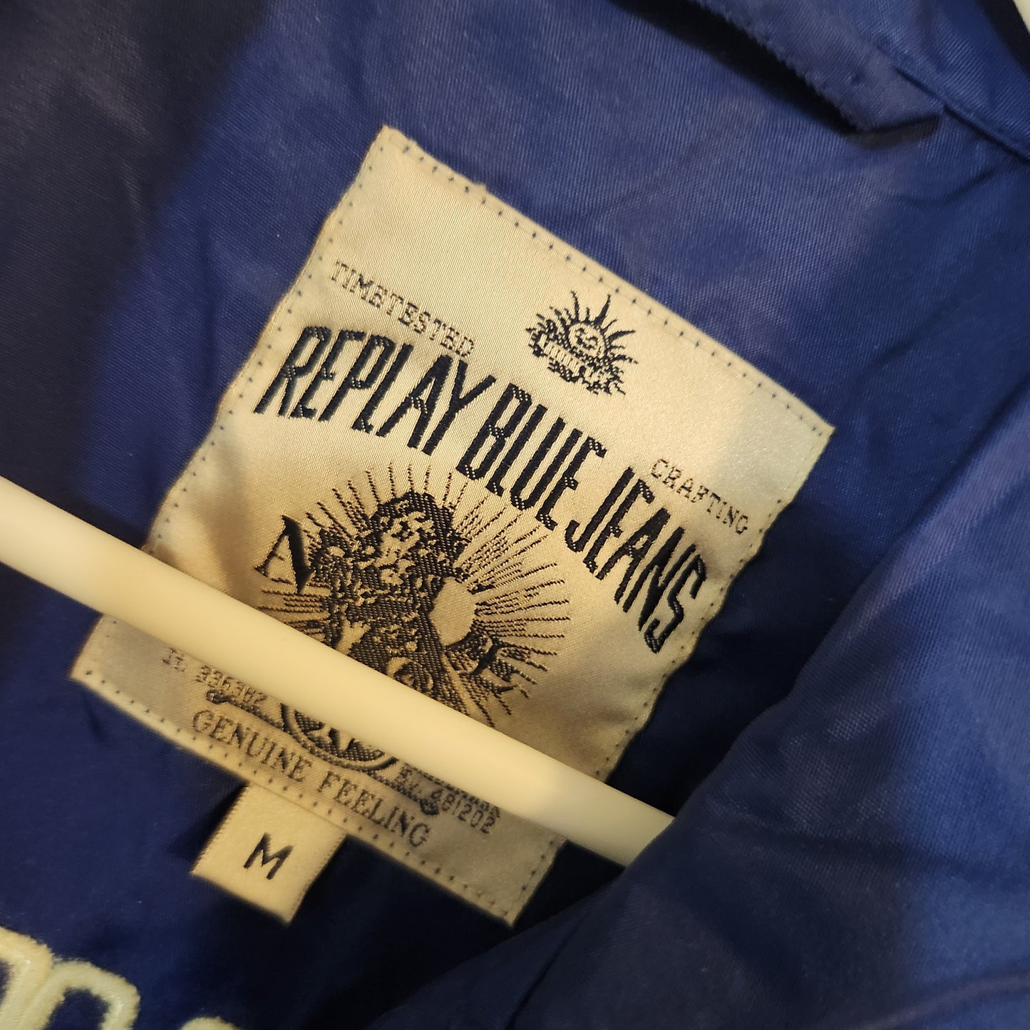 Replay Blue Jeans Inc Coach Jacket Blue Embroidered Logo Snap Front Size M Vintage Style