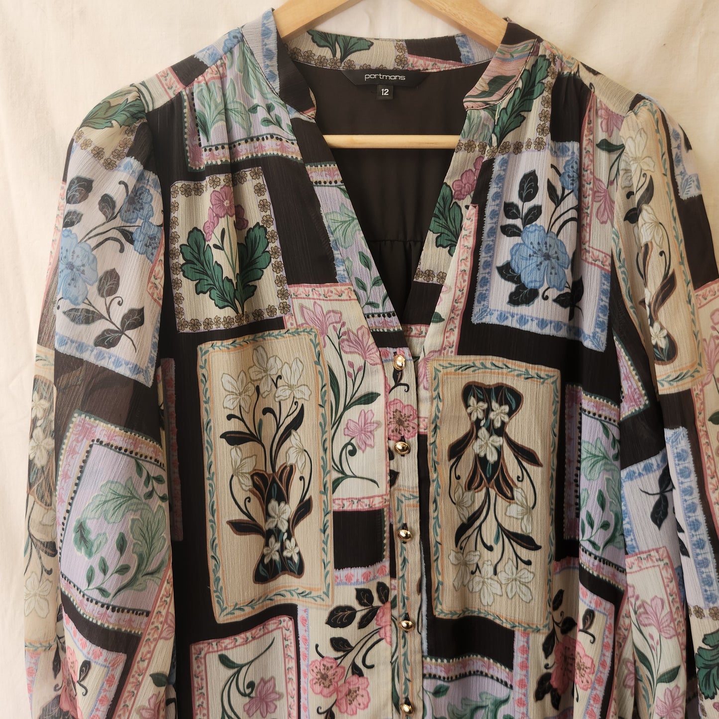 Portmans Floral Patchwork Midi Dress – Size 12 | Sheer Sleeves | Lined