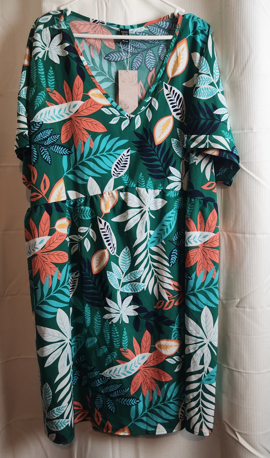 Emery Rose Tropical Leaf Print V-Neck Shift Dress | 4XL | BNWT