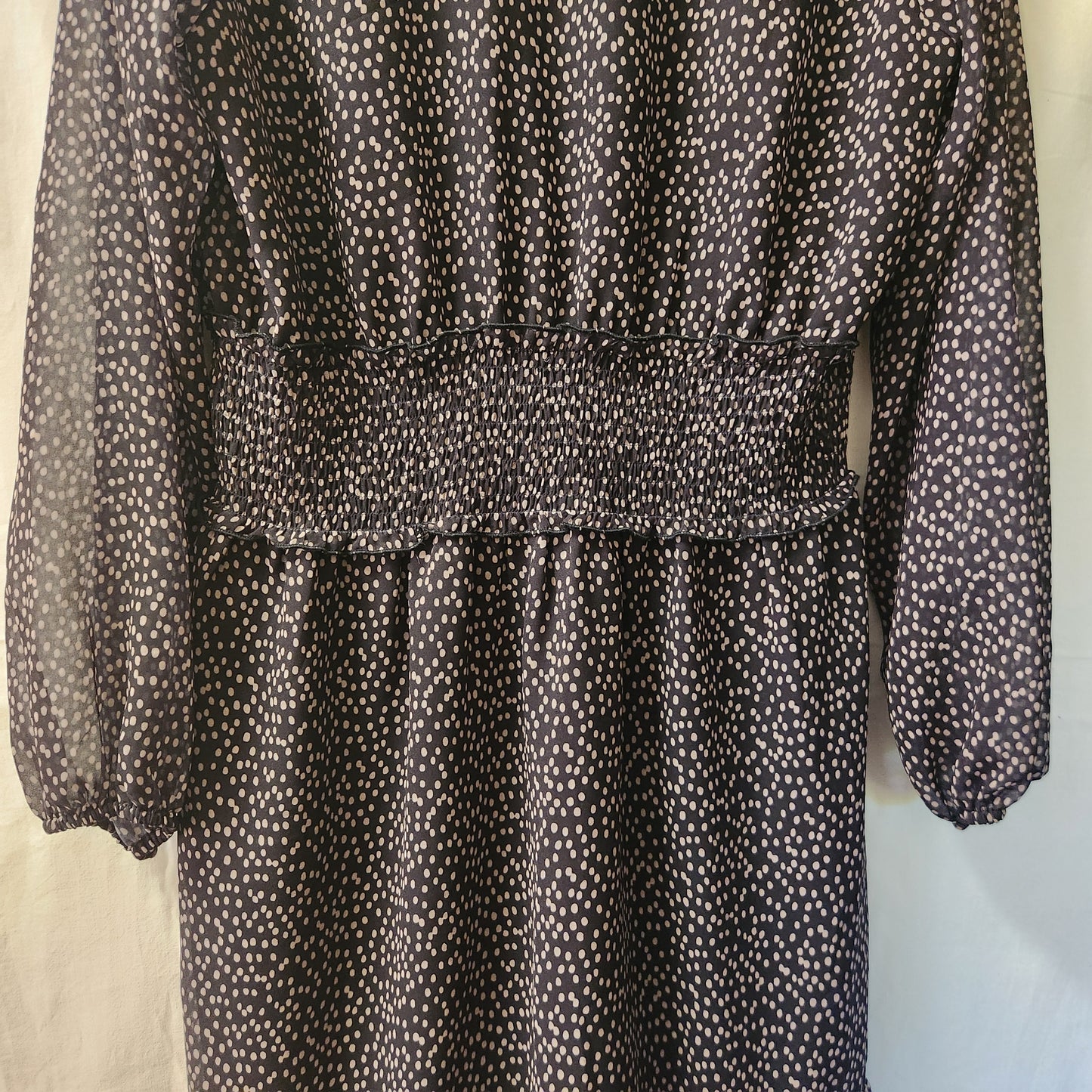 Brave + True Freya Dress BNWT Black Taupe Spot Shirred Waist Long Sleeve Size M
