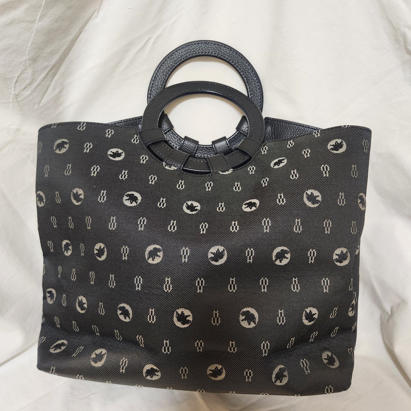 Hunting World New York Grey Jacquard Tote Bag Leather Round Handle Designer Handbag