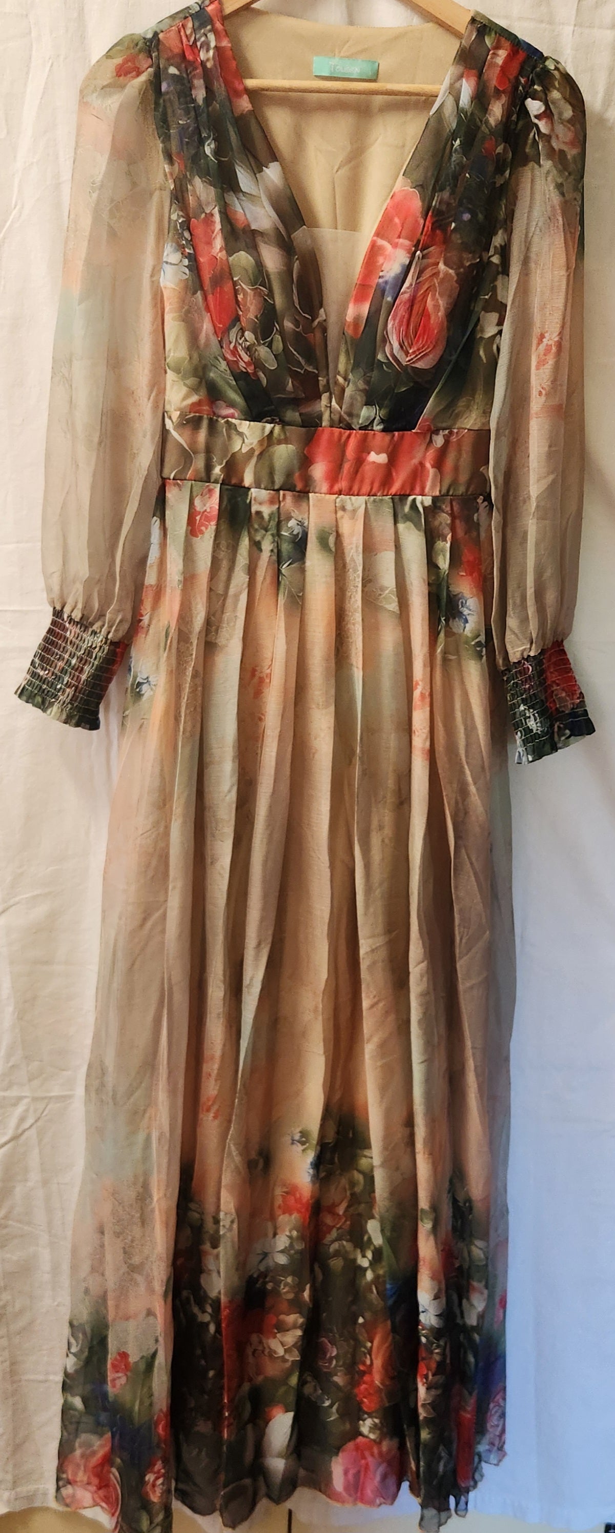 Toleen Women's Floral Maxi Dress Size M Sheer Long Sleeve Plunge Neck Elegant Occasion Dress
