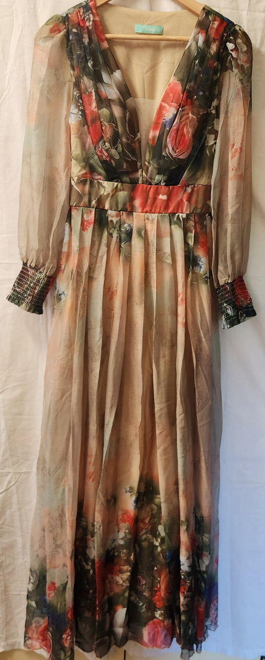 Toleen Women's Floral Maxi Dress Size M Sheer Long Sleeve Plunge Neck Elegant Occasion Dress