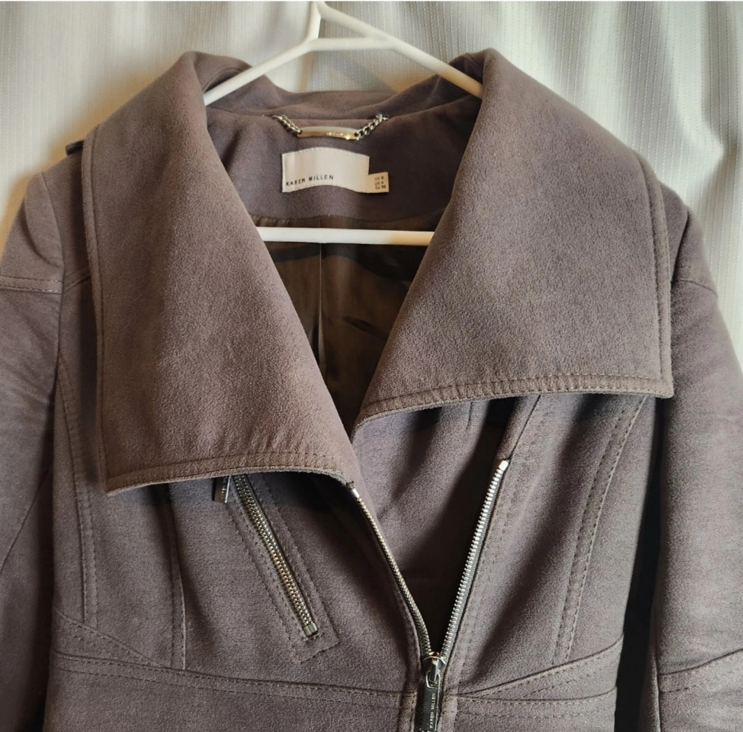 Karen Millen Faux Suede Asymmetric Zip Long Coat - Taupe Grey - UK 8