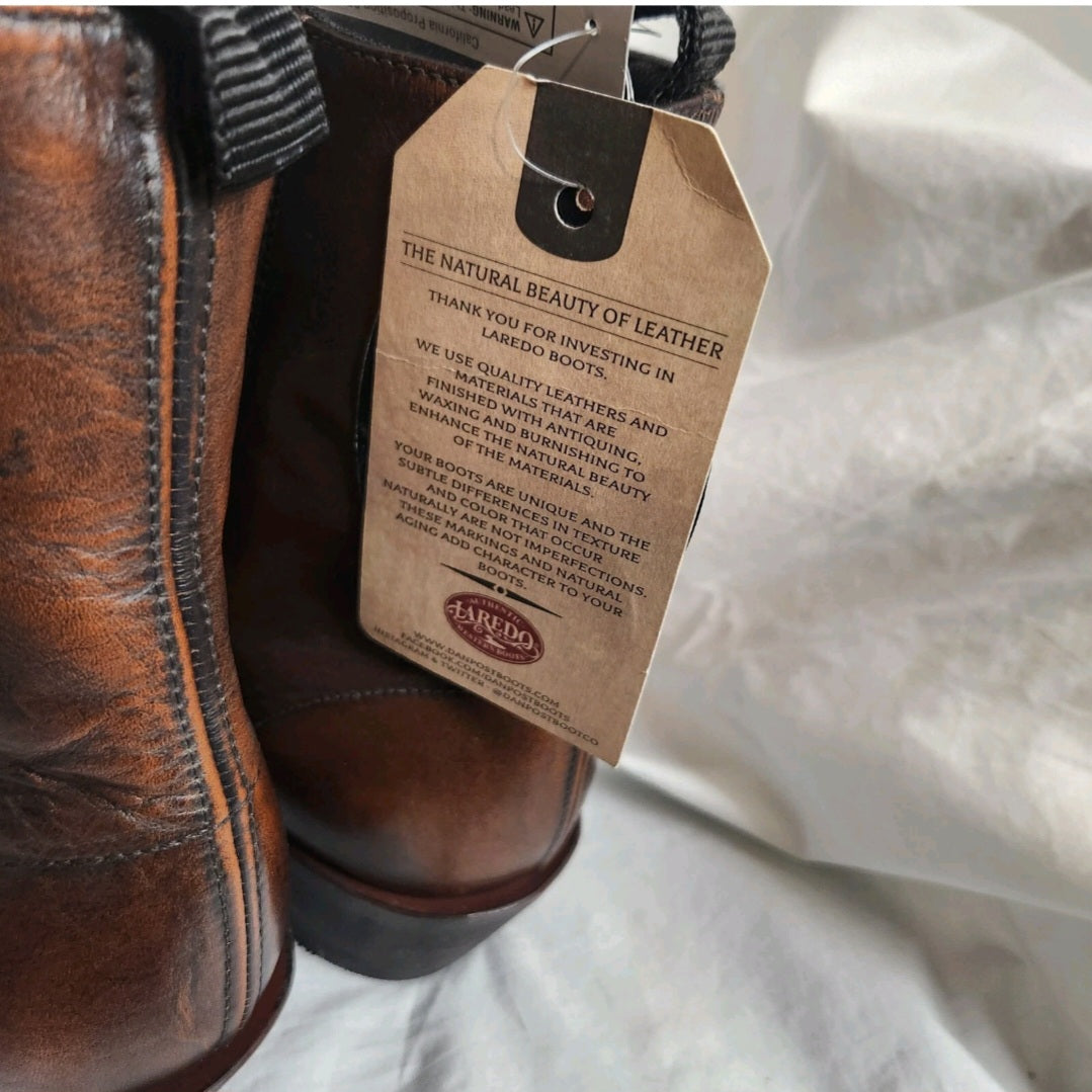 Laredo Men's Leather Western Ankle Boots Tan Brown Side Zip US 9D BNIB