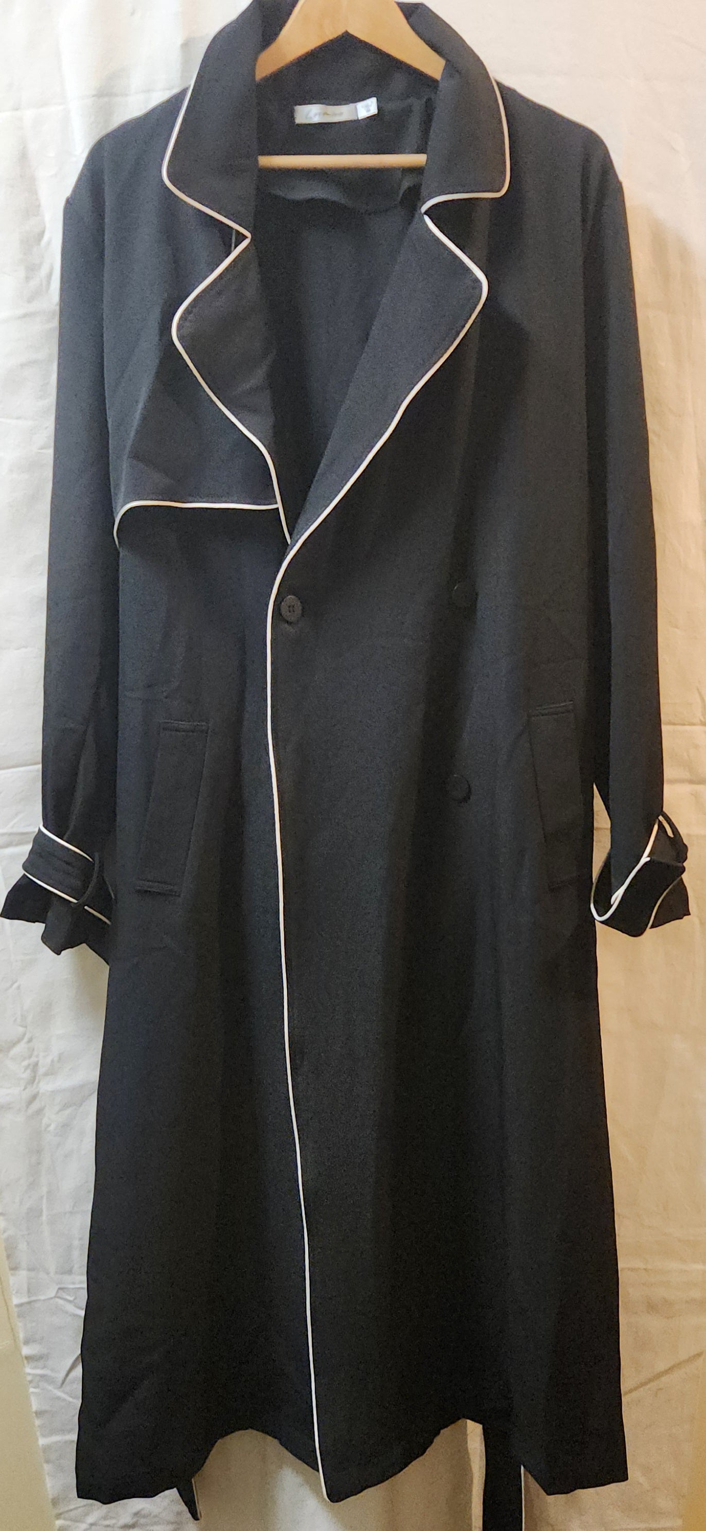 Lorraine Black Longline Trench Coat Size 16 | White Contrast Trim | Belted Lightweight Jacket