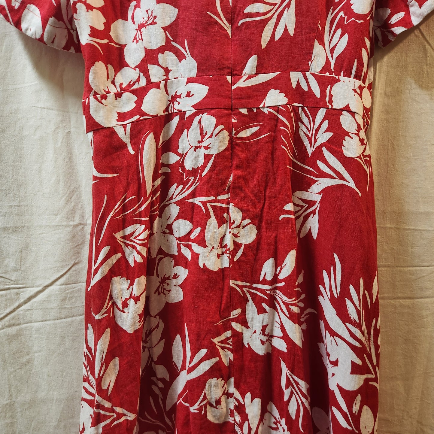 Jacqui E Linen Collection Red Floral Wrap Style Midi Dress Size 18