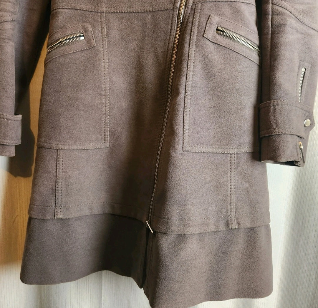 Karen Millen Faux Suede Asymmetric Zip Long Coat - Taupe Grey - UK 8
