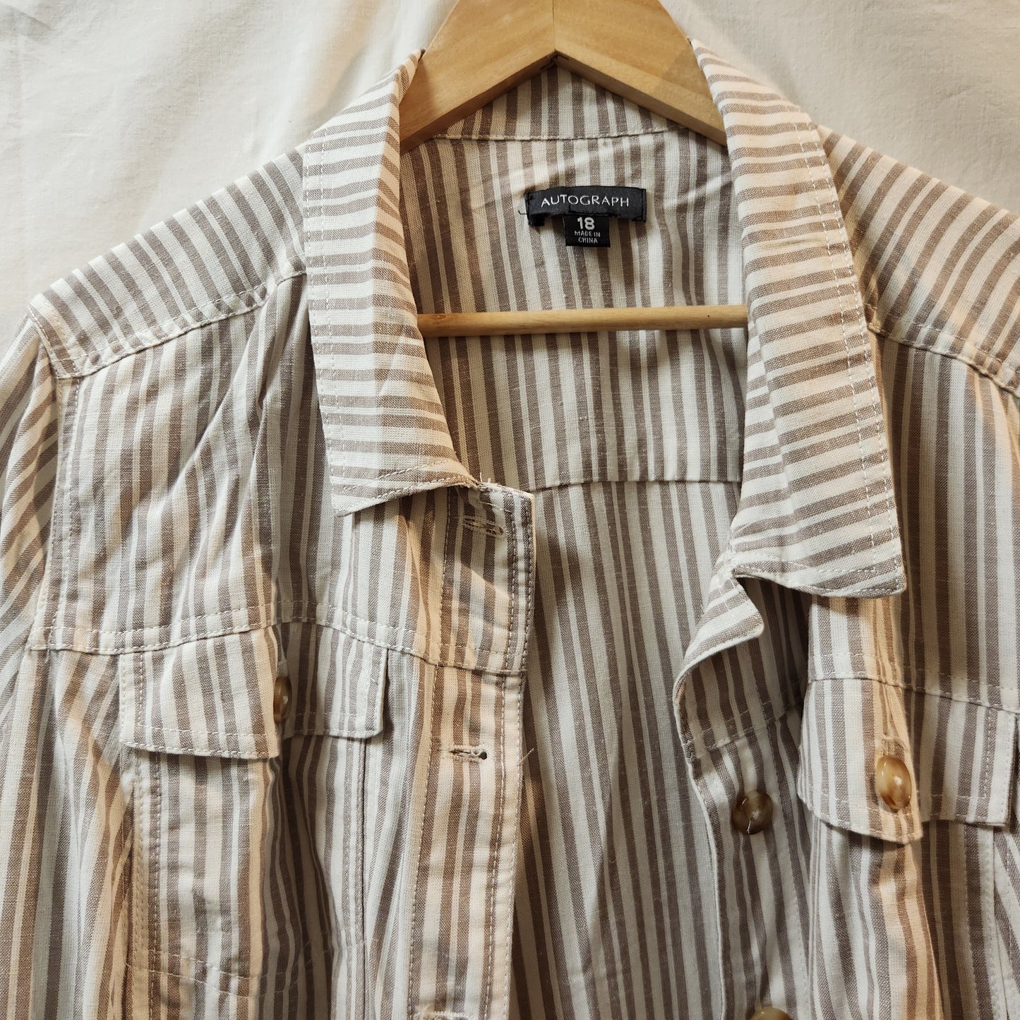 Autograph Linen Blend Stripe Utility Jacket Size 18 Taupe White Lightweight Women's
