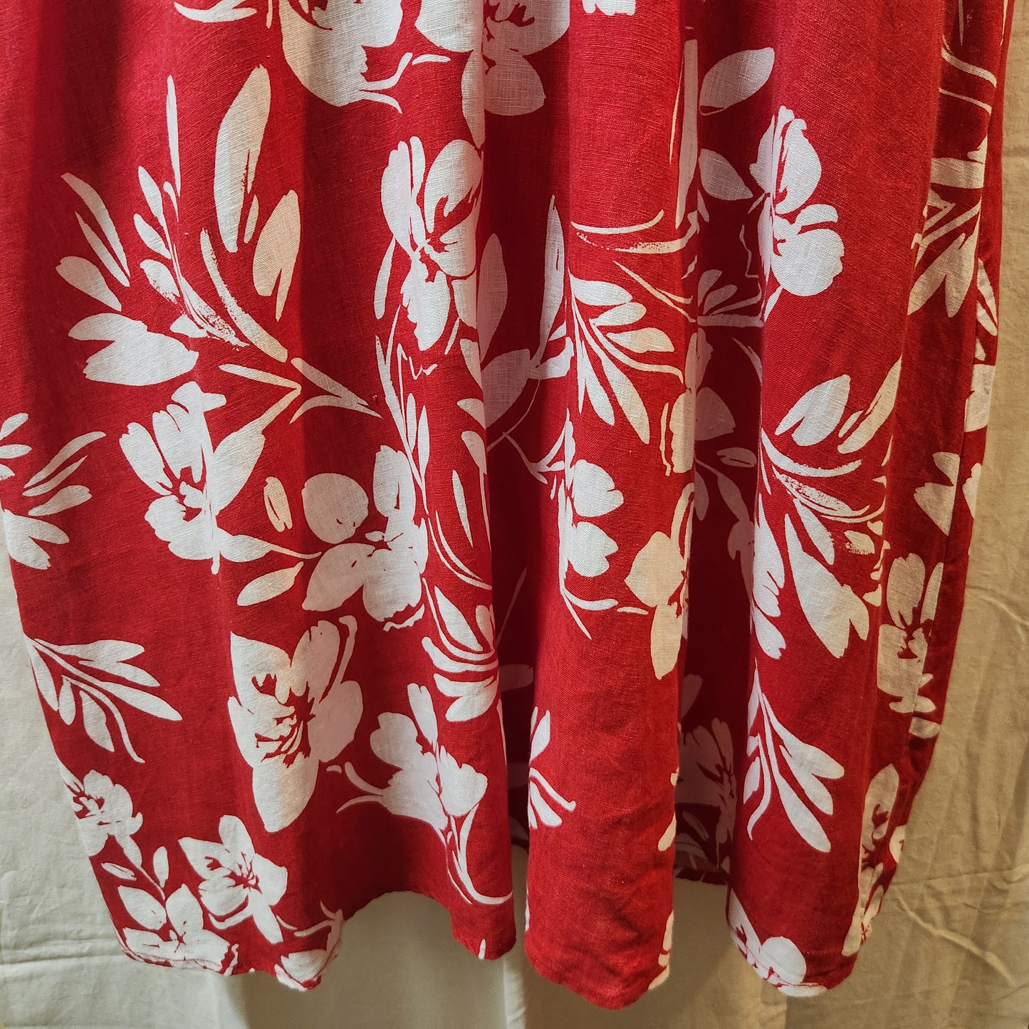 Jacqui E Linen Collection Red Floral Wrap Style Midi Dress Size 18