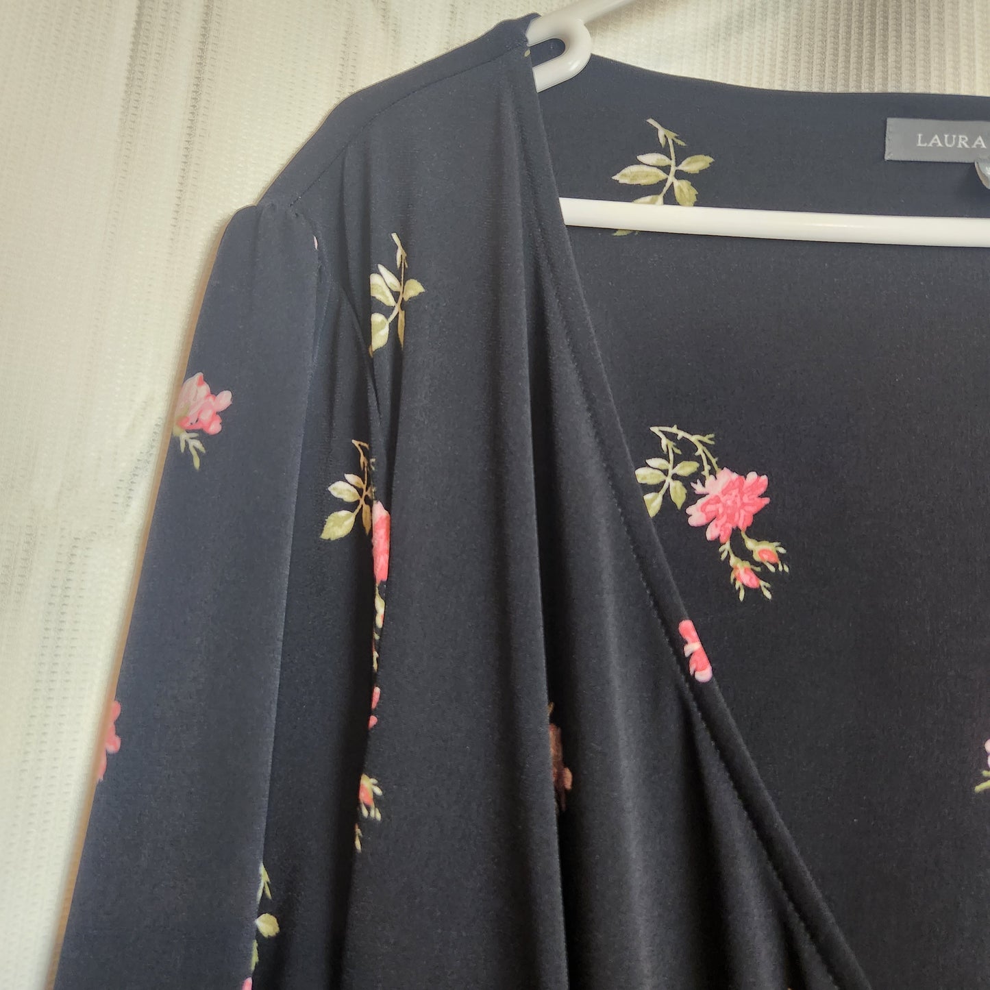 Laura Ashley Black Floral Ruched Wrap Midi Dress | UK 16