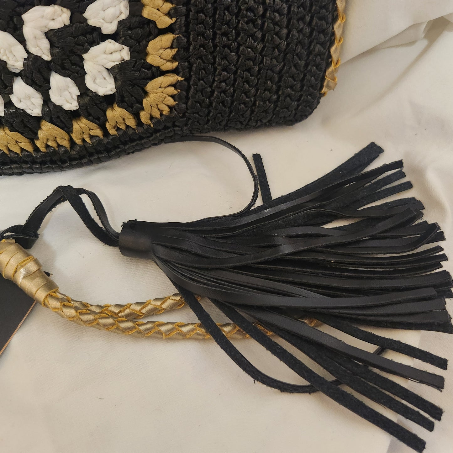 TALI Handmade Woven Clutch | Black, White & Gold Artisan Zip Pouch with Leather Tassel