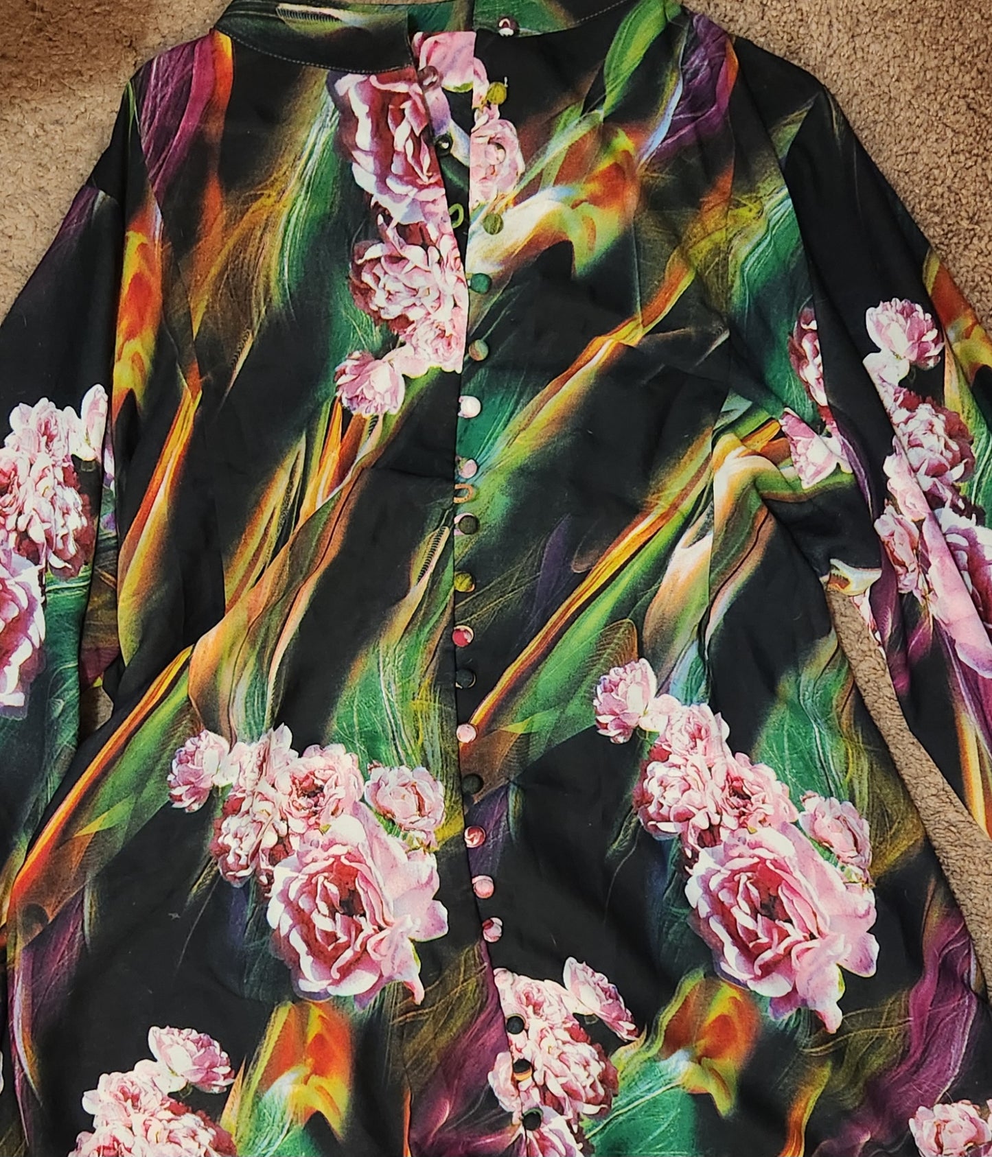 Tatiana Jewel Victorian Inspired Floral Midi Dress Black Pink Green Long Sleeve Belted