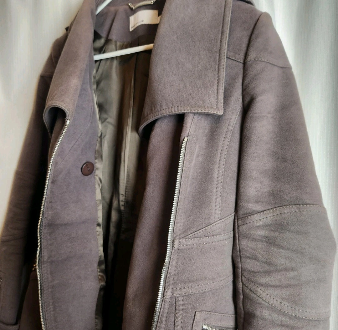 Karen Millen Faux Suede Asymmetric Zip Long Coat - Taupe Grey - UK 8