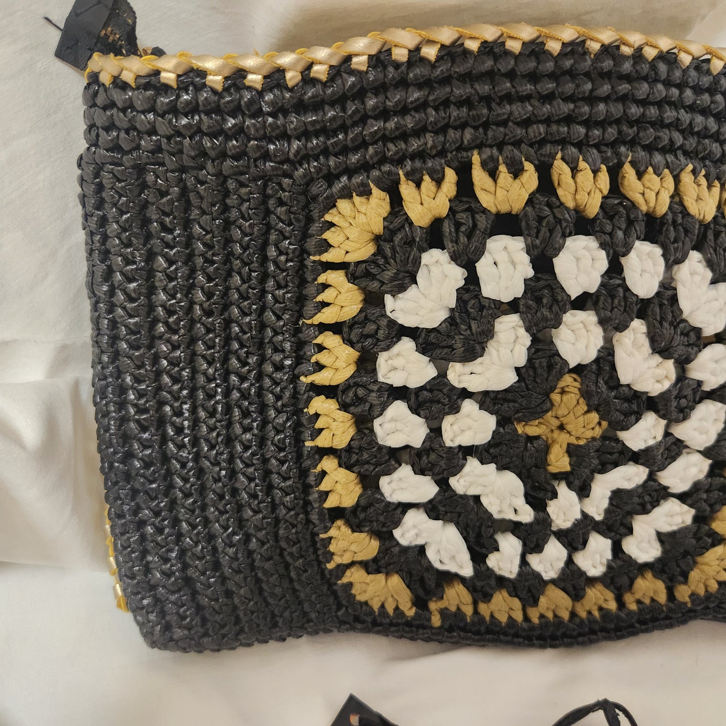 TALI Handmade Woven Clutch | Black, White & Gold Artisan Zip Pouch with Leather Tassel