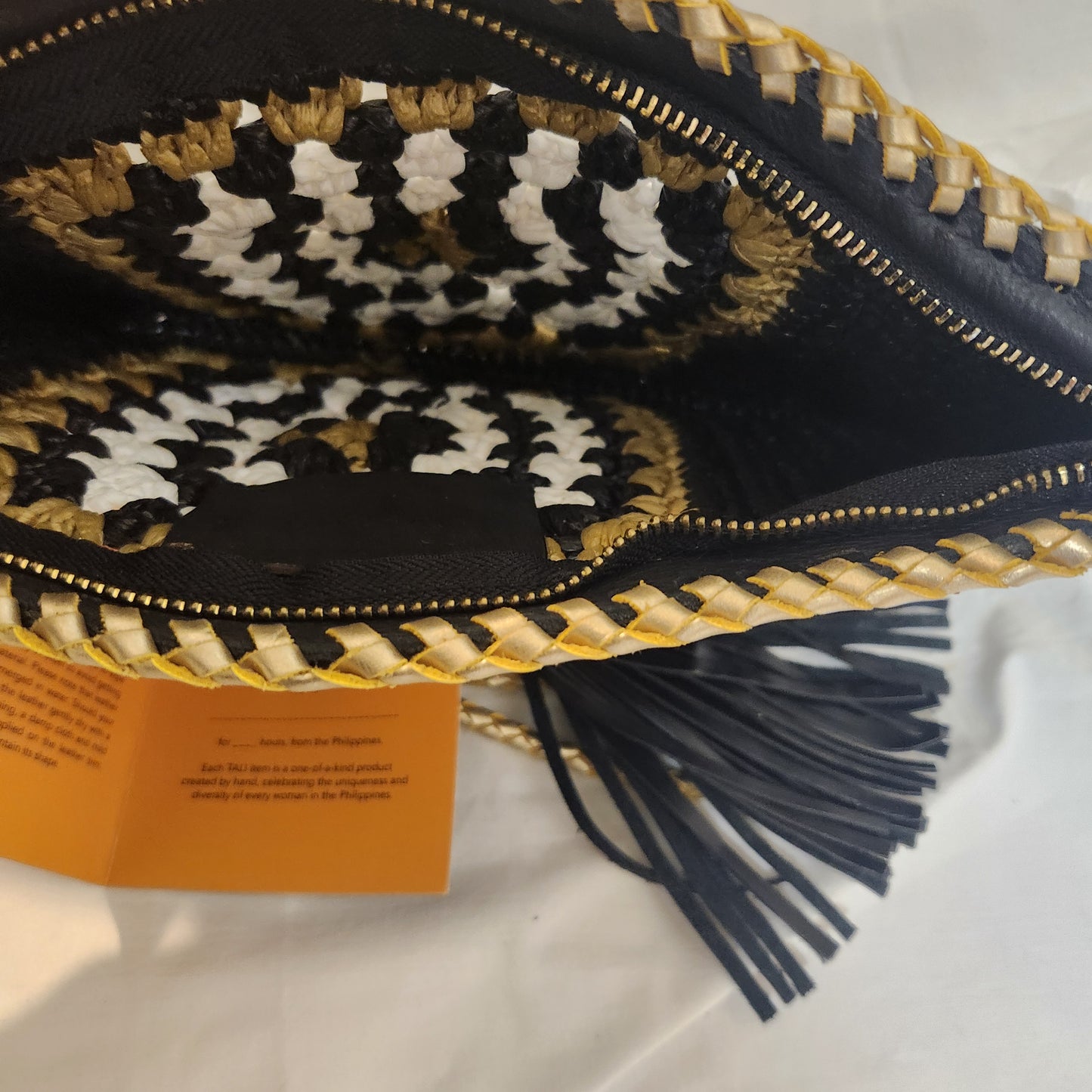 TALI Handmade Woven Clutch | Black, White & Gold Artisan Zip Pouch with Leather Tassel