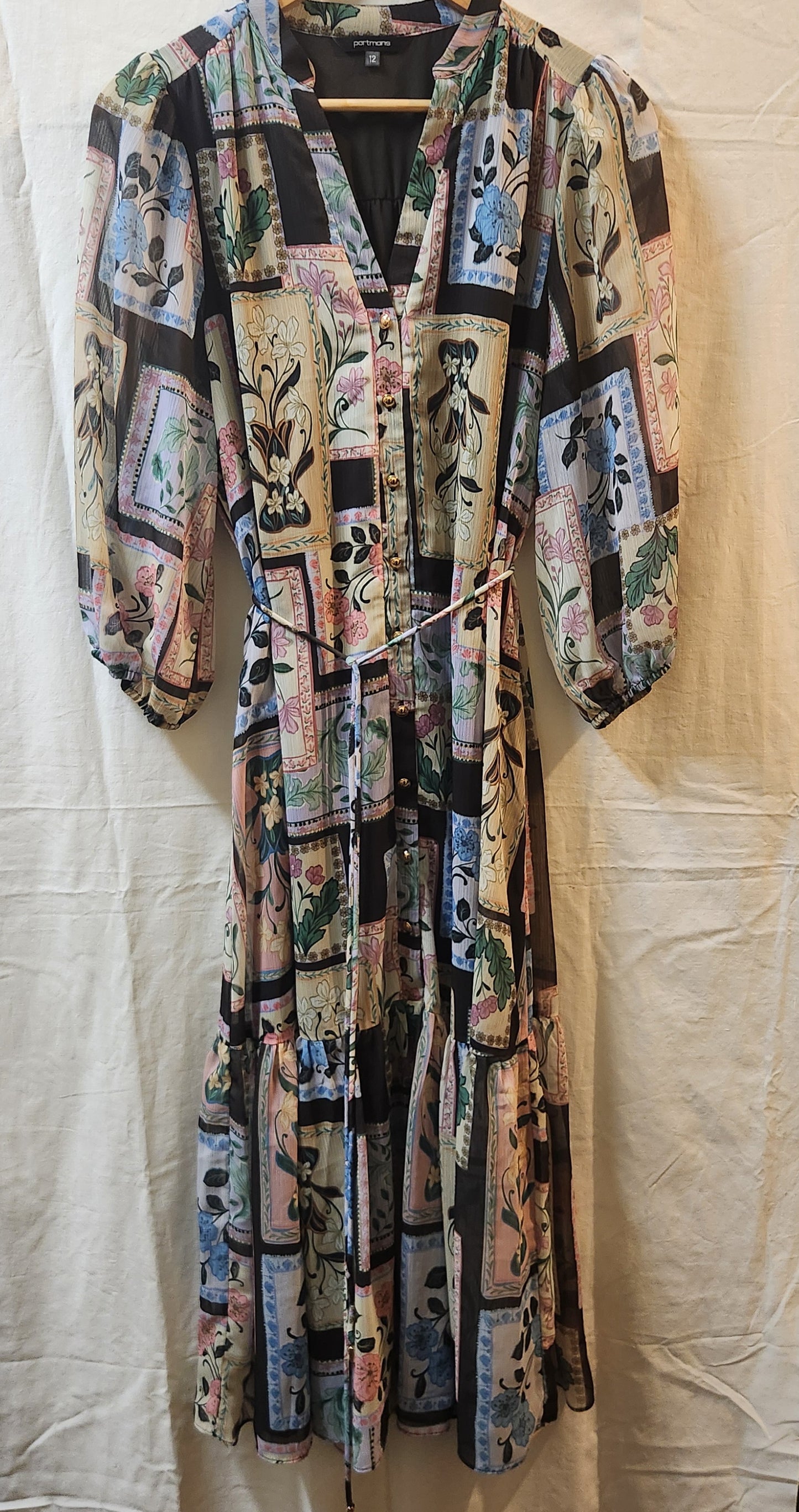 Portmans Floral Patchwork Midi Dress – Size 12 | Sheer Sleeves | Lined