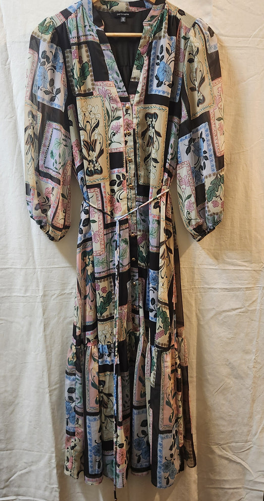 Portmans Floral Patchwork Midi Dress – Size 12 | Sheer Sleeves | Lined