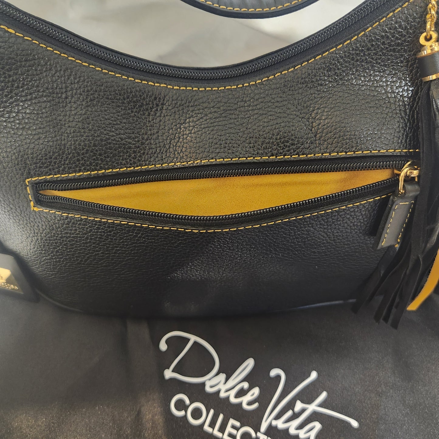 Pelle Bora Black Pebbled Leather Shoulder Bag | Gold Hardware | Dust Bag Included