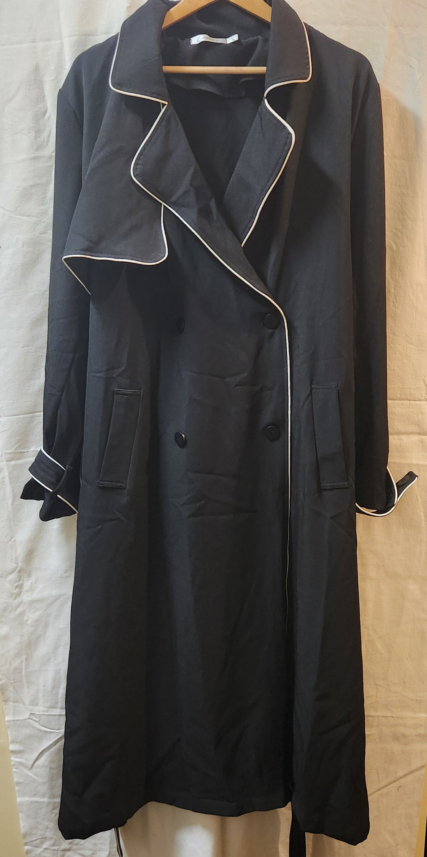 Lorraine Black Longline Trench Coat Size 16 | White Contrast Trim | Belted Lightweight Jacket
