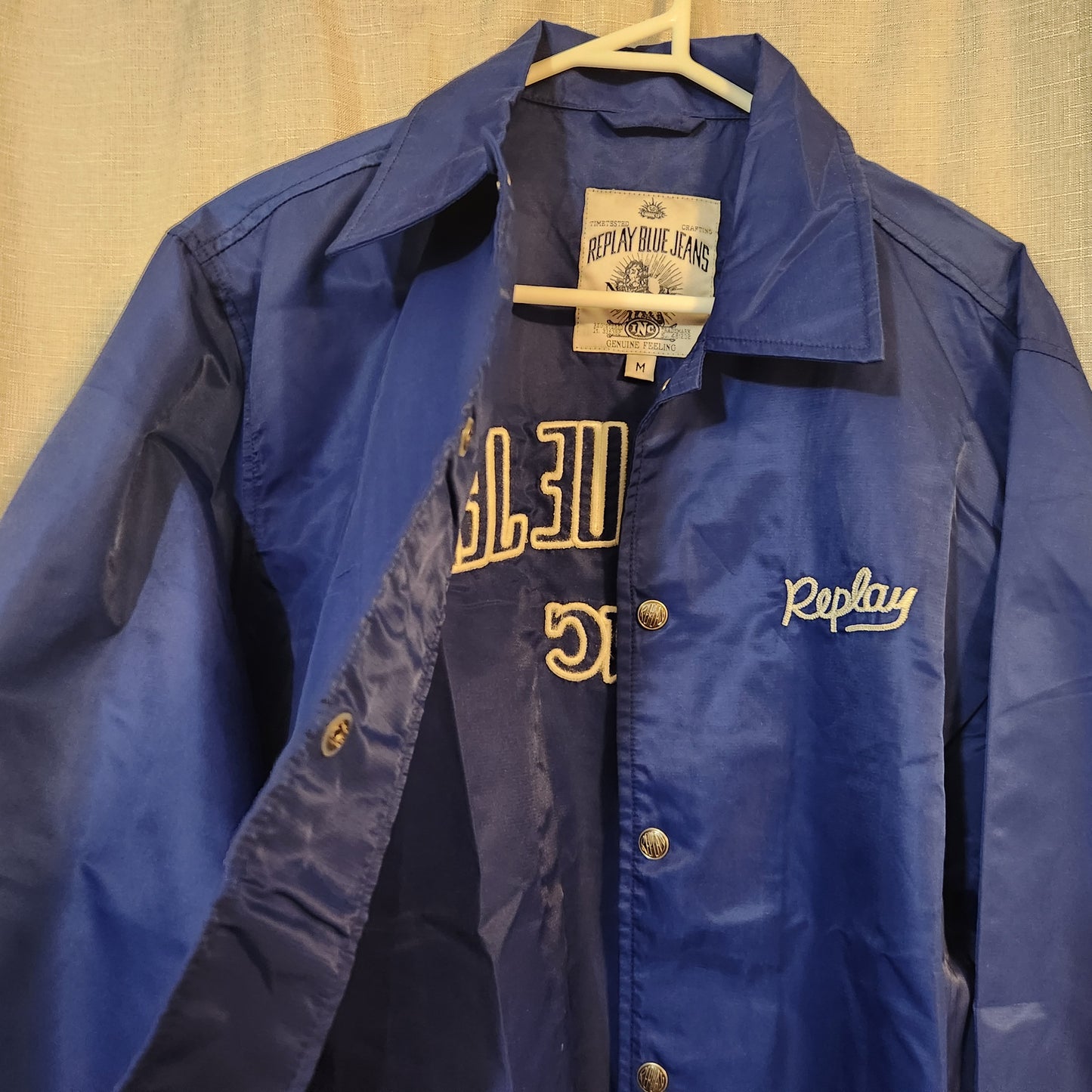 Replay Blue Jeans Inc Coach Jacket Blue Embroidered Logo Snap Front Size M Vintage Style