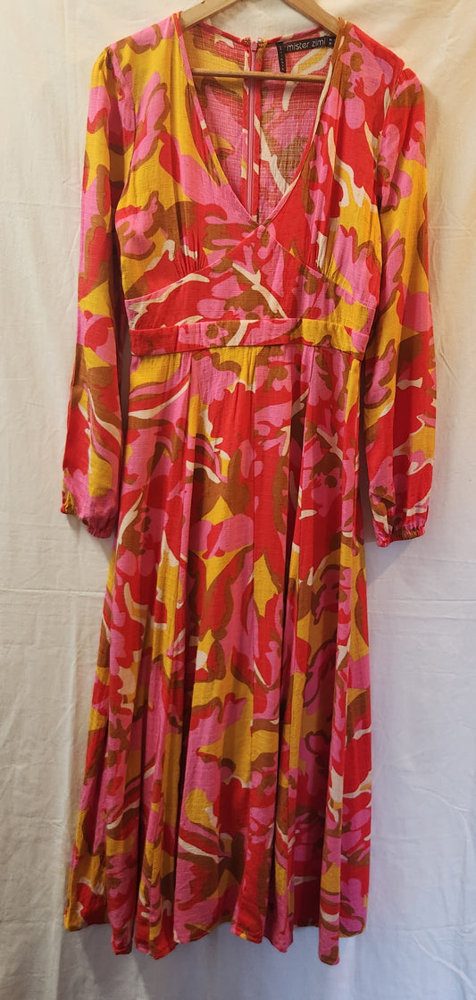 Mister Zimi Floral Wrap Style Midi Dress Pink Red Mustard | AU 12
