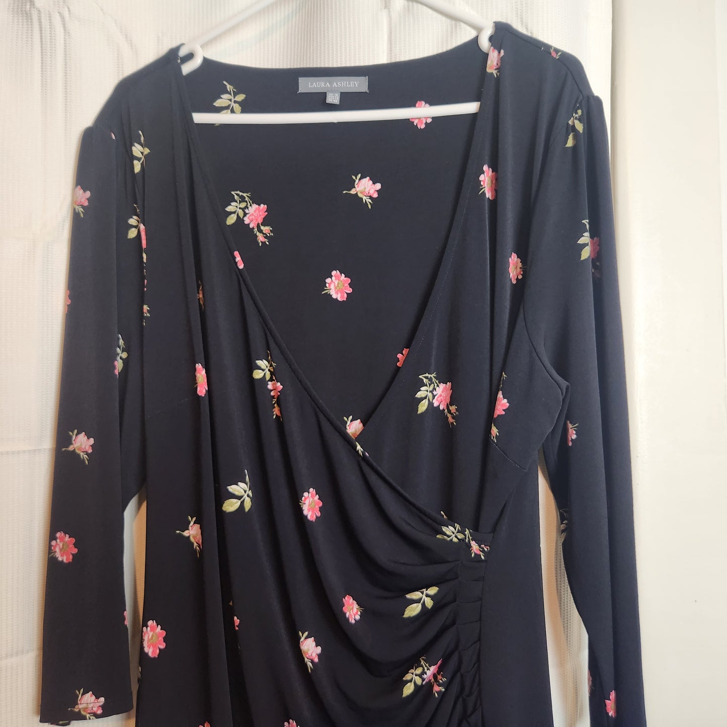 Laura Ashley Black Floral Ruched Wrap Midi Dress | UK 16