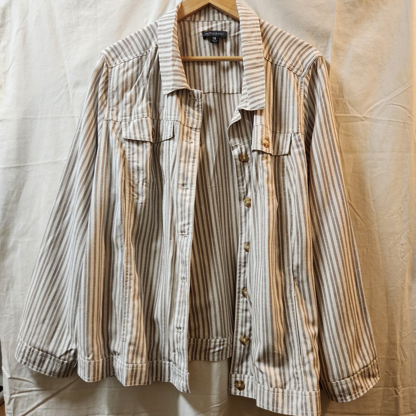 Autograph Linen Blend Stripe Utility Jacket Size 18 Taupe White Lightweight Women's