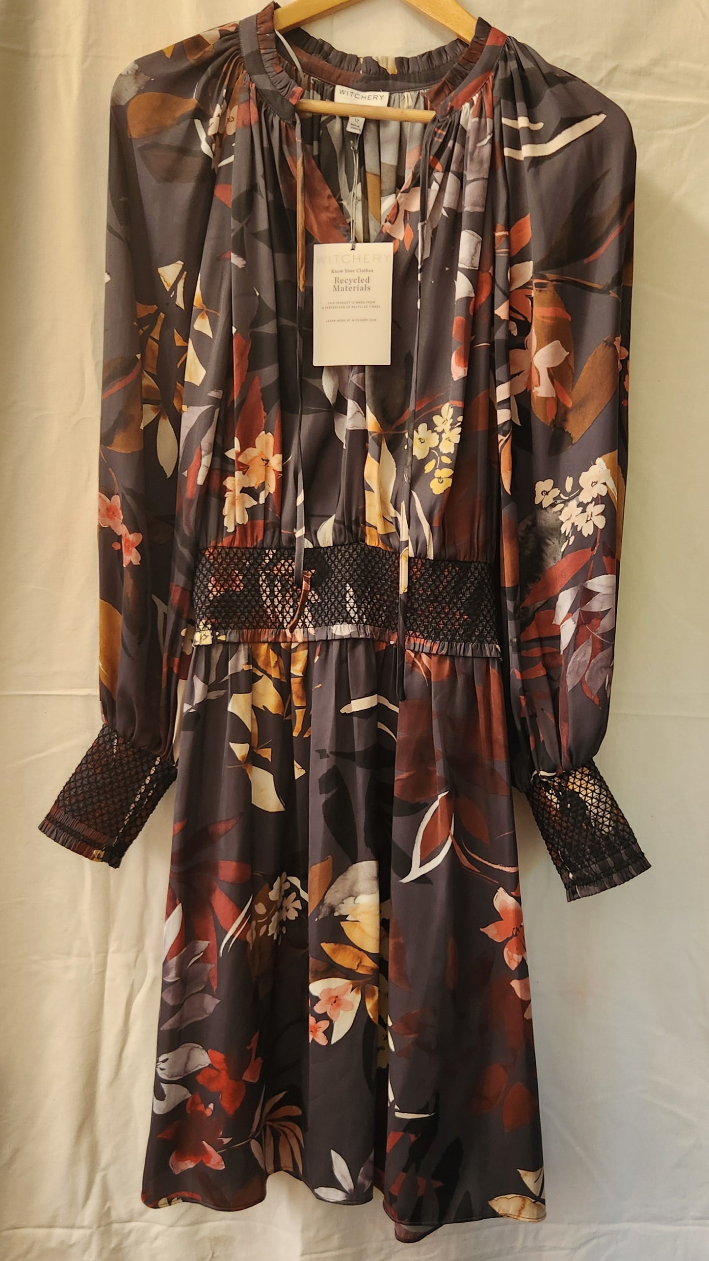 Witchery Floral Midi Dress | Long Sleeve | Sheer Overlay | Elegant Autumn Tones | Size 12