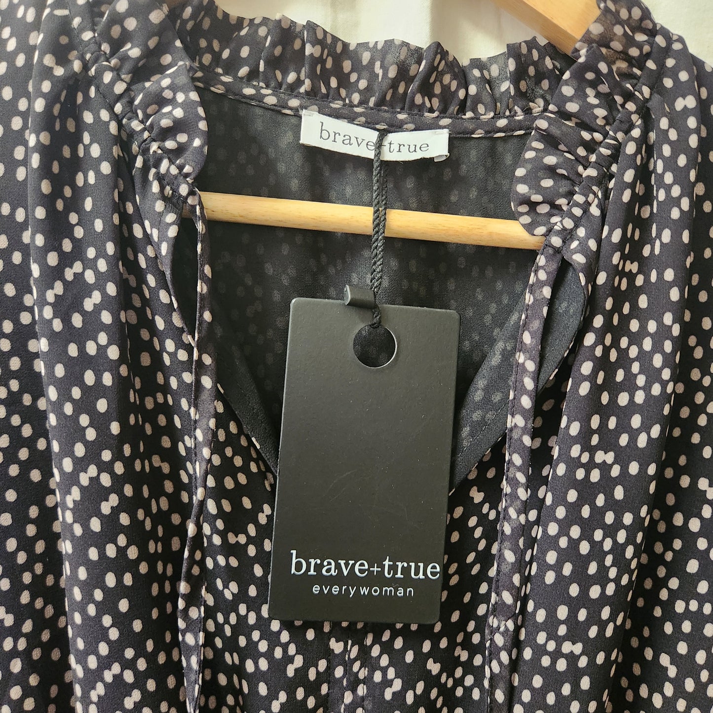 Brave + True Freya Dress BNWT Black Taupe Spot Shirred Waist Long Sleeve Size M