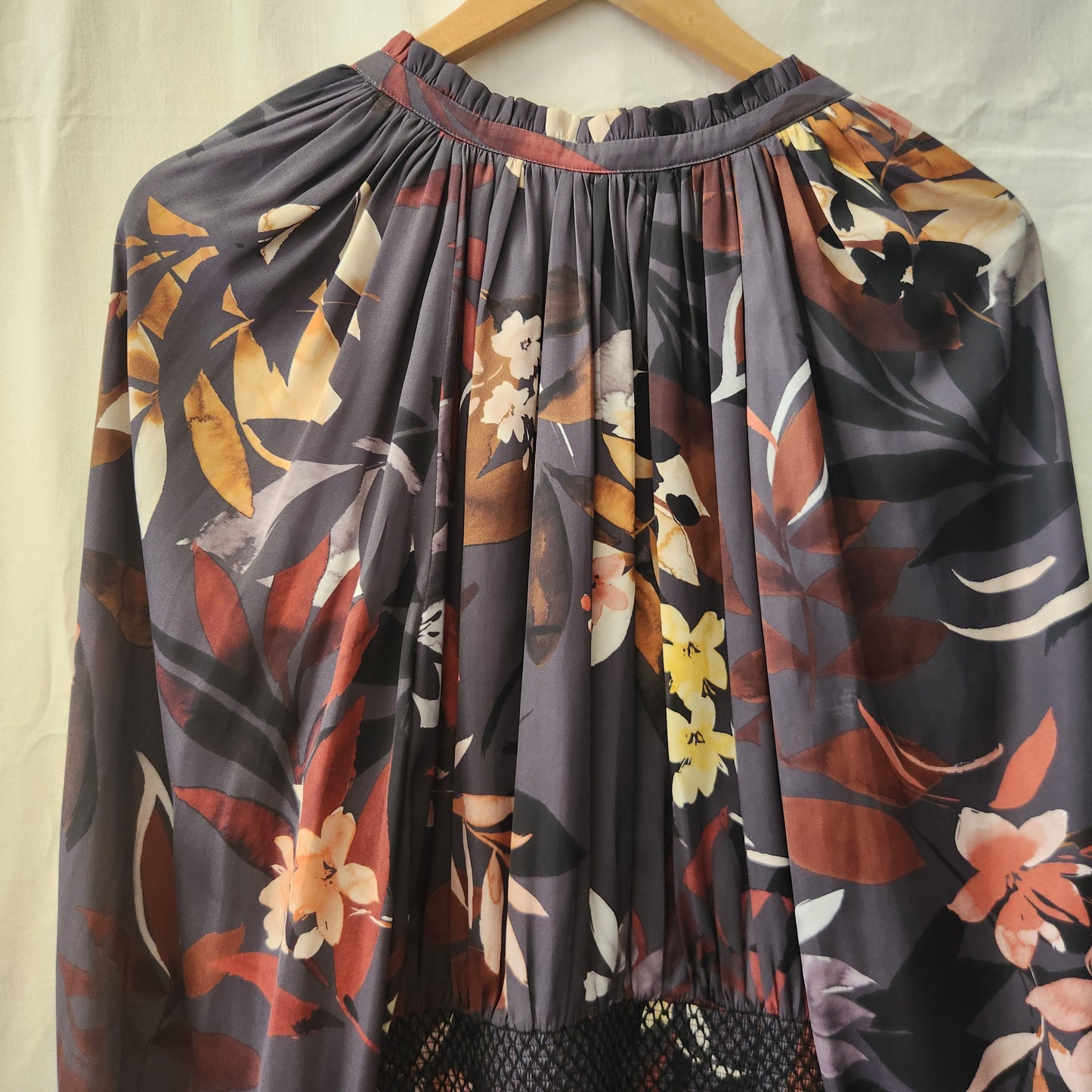 Witchery Floral Midi Dress | Long Sleeve | Sheer Overlay | Elegant Autumn Tones | Size 12
