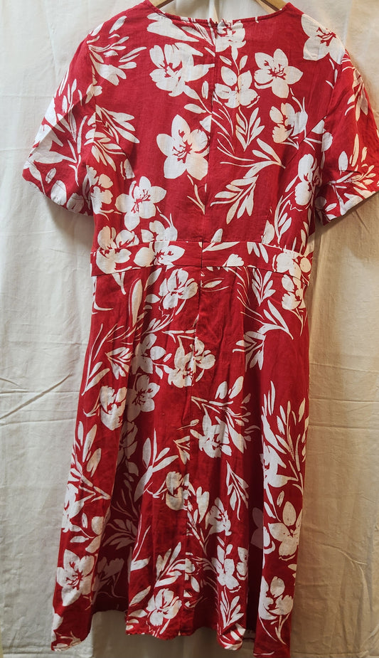 Jacqui E Linen Collection Red Floral Wrap Style Midi Dress Size 18
