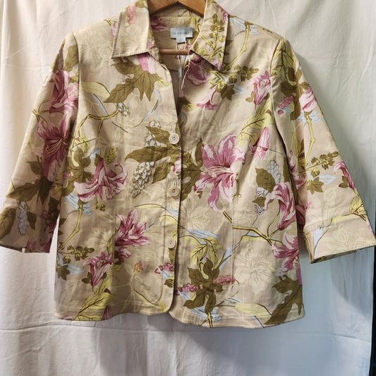 Wombat Floral 3/4 Sleeve Jacket Women's Size L NWT Beige Pink Botanical Smart Casual