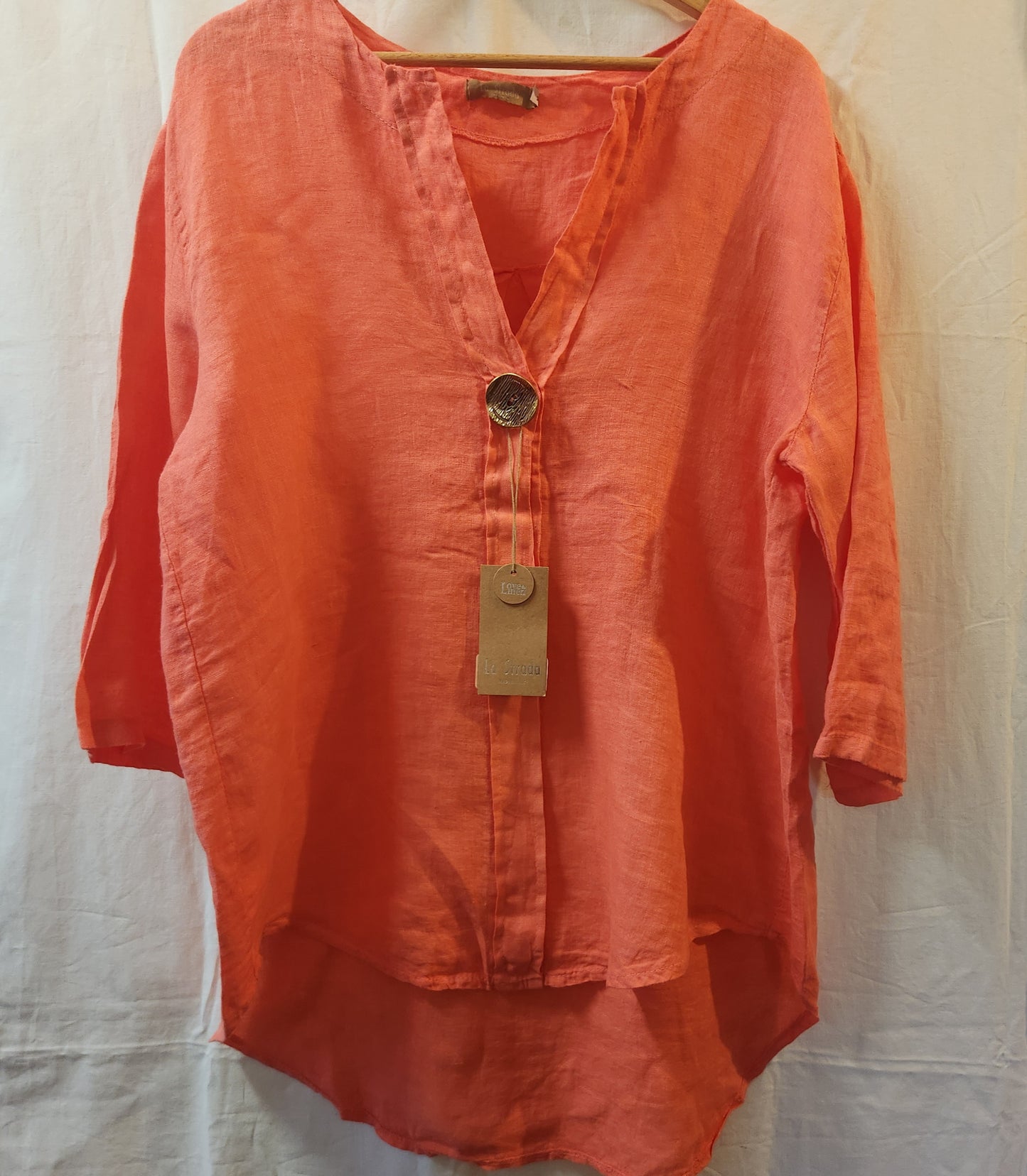 La Strada Fernanda 100% Linen Blouse Coral Size XL Made in Italy NWT
