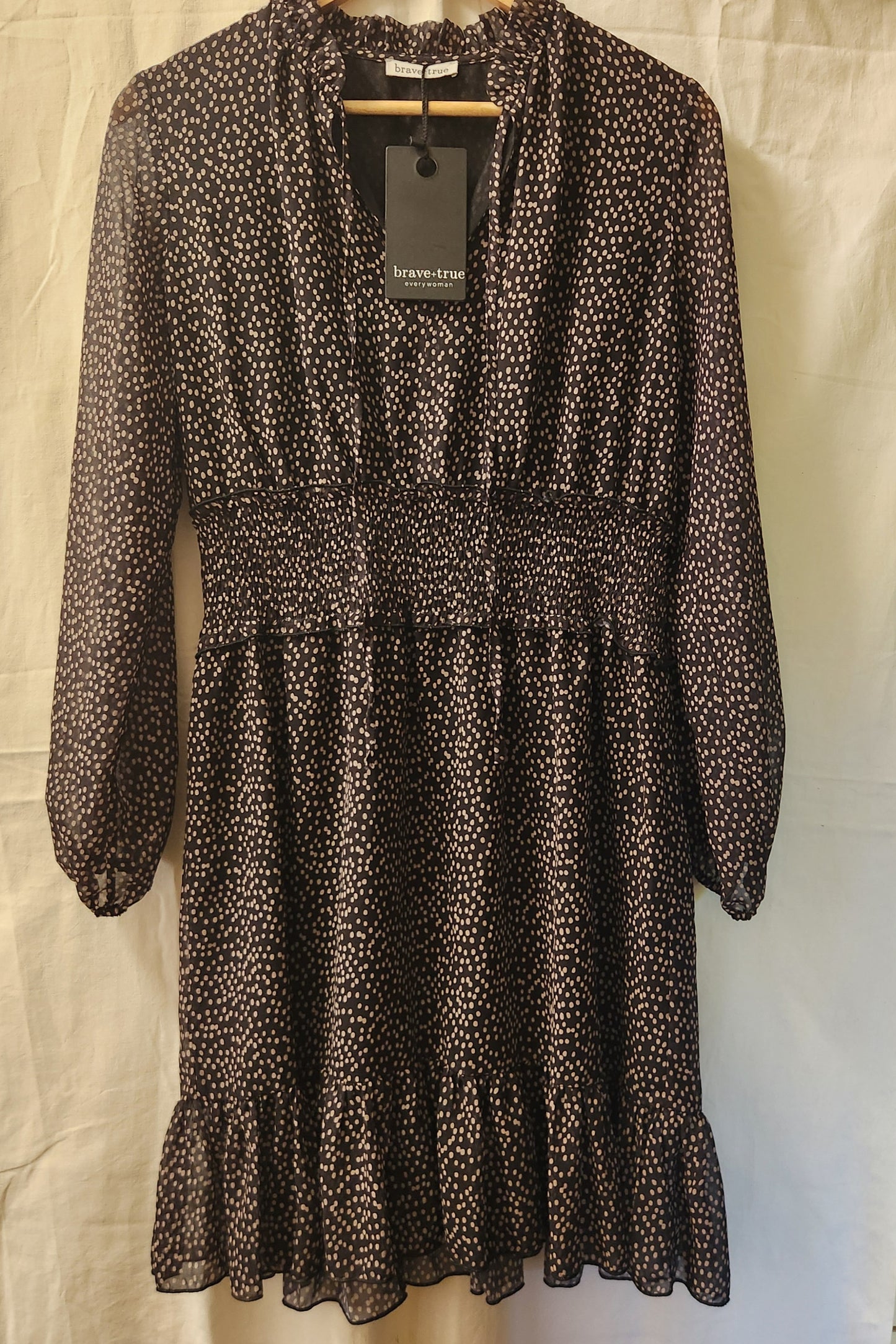 Brave + True Freya Dress BNWT Black Taupe Spot Shirred Waist Long Sleeve Size M