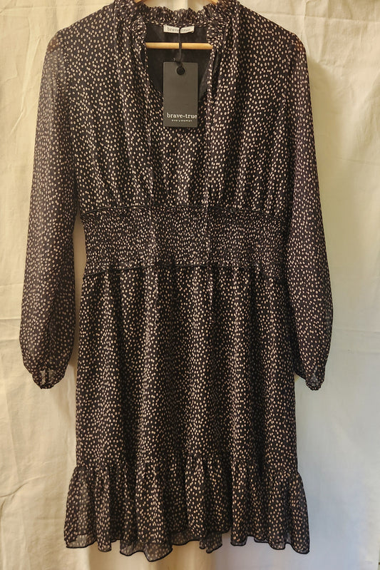 Brave + True Freya Dress BNWT Black Taupe Spot Shirred Waist Long Sleeve Size M