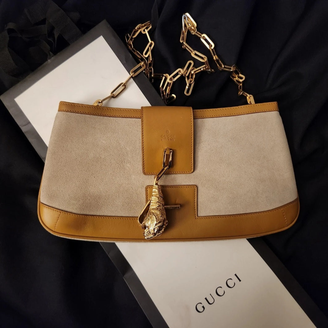 Authentic Gucci Tom Ford Tiger Charm Suede & Leather Shoulder Bag – Made in Italy