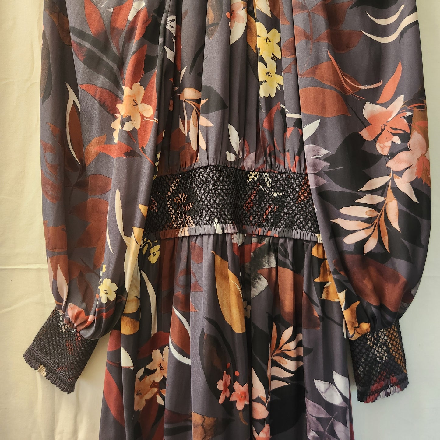 Witchery Floral Midi Dress | Long Sleeve | Sheer Overlay | Elegant Autumn Tones | Size 12
